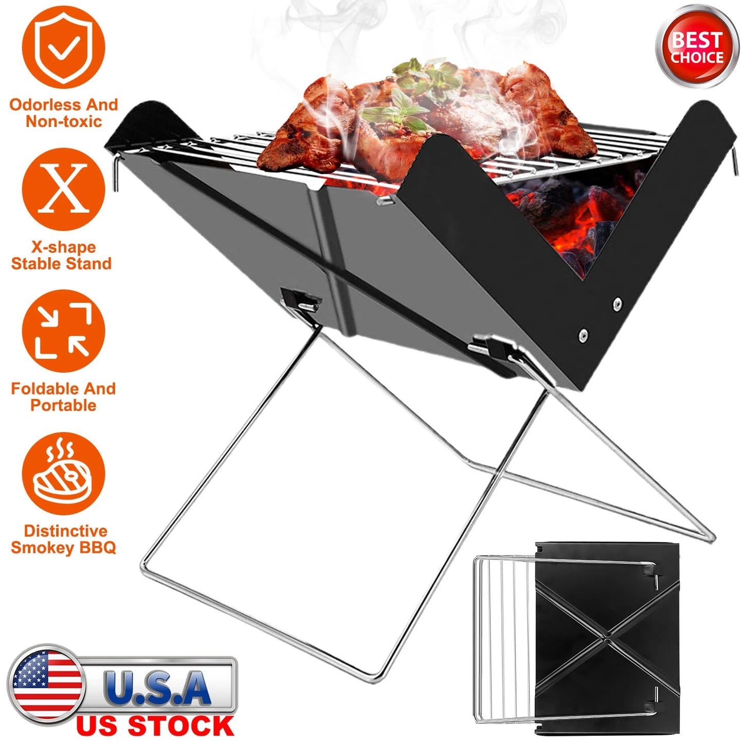 Foldable BBQ Grill Charcoal Barbecue Portable X Grill Tabletop