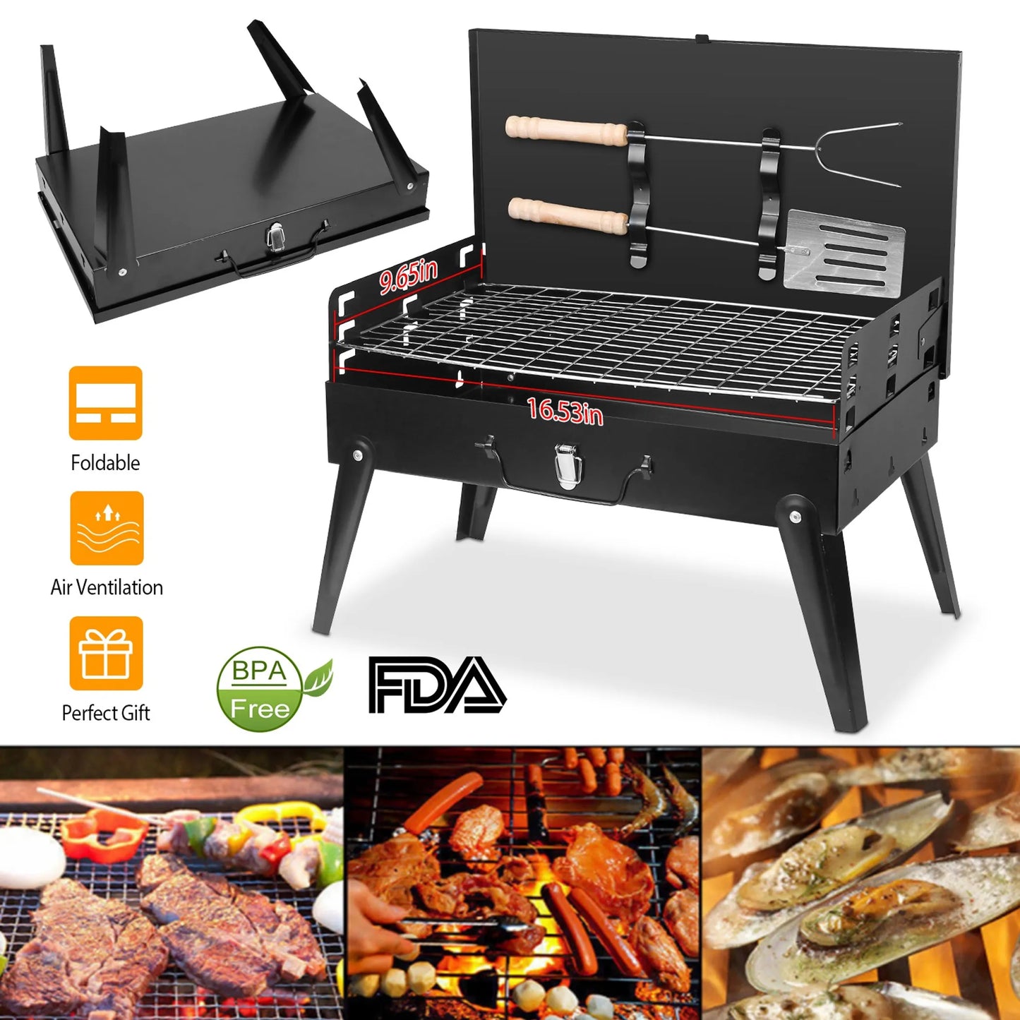 16.7x10x17.7in Portable Charcoal Grill Foldable