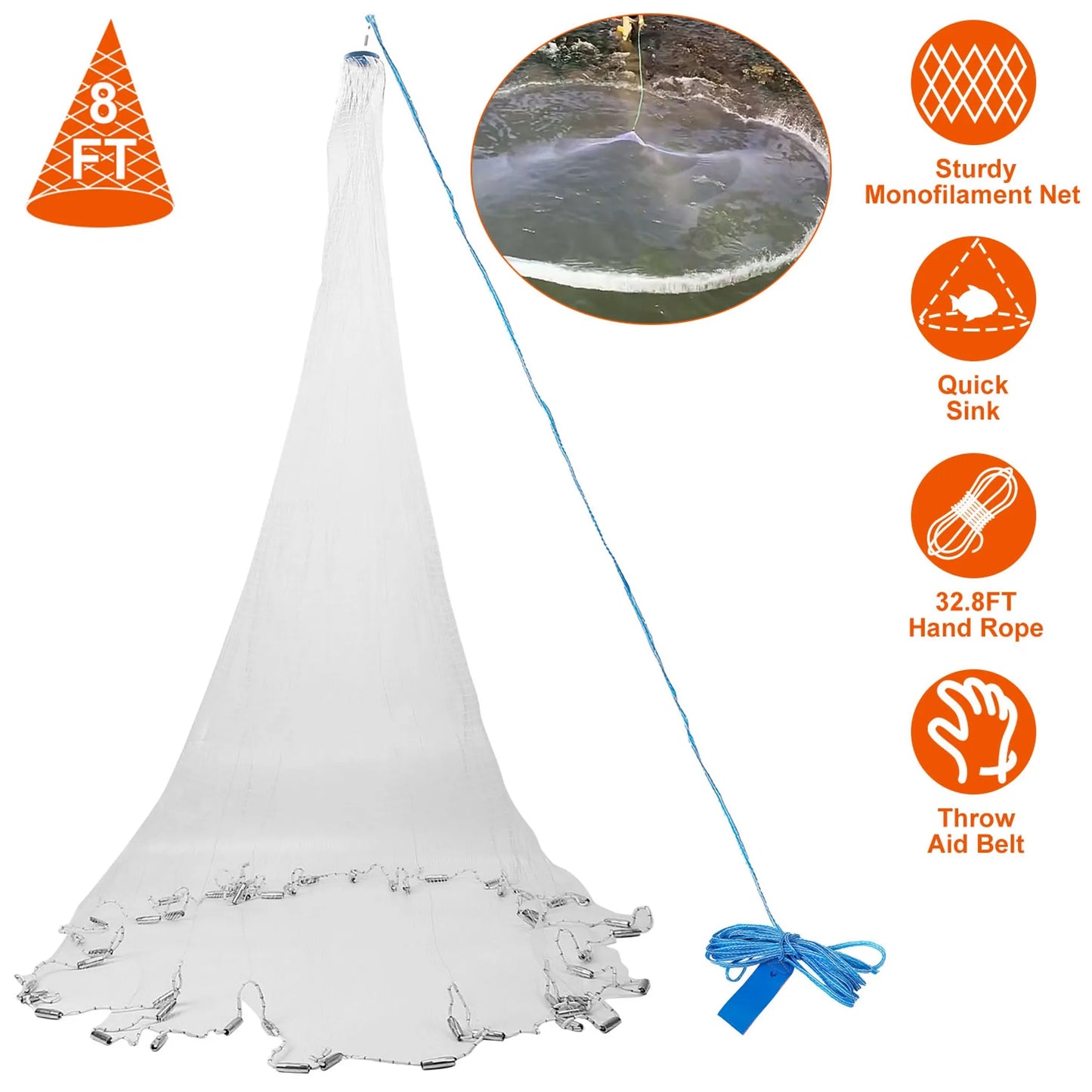 8ft Radius Fishing Cast Net