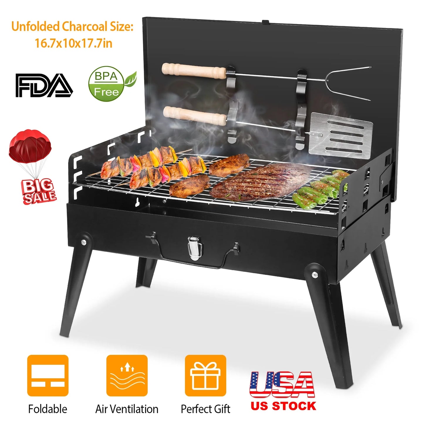 16.7x10x17.7in Portable Charcoal Grill Foldable