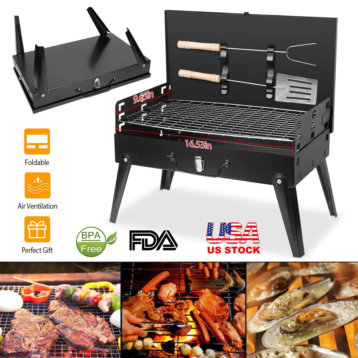 16.7x10x17.7in Portable Charcoal Grill Foldable
