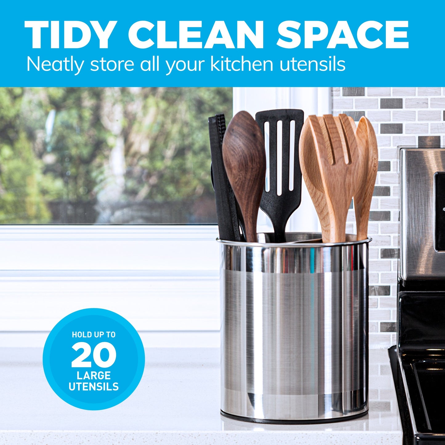 Extra Large Rotating Utensil Holder Caddy with Sturdy No-Tip Weighted Base, Removable Divider, and Gripped Insert: Metal | Rust Proof and Dishwasher Safe by Cooler Kitchen