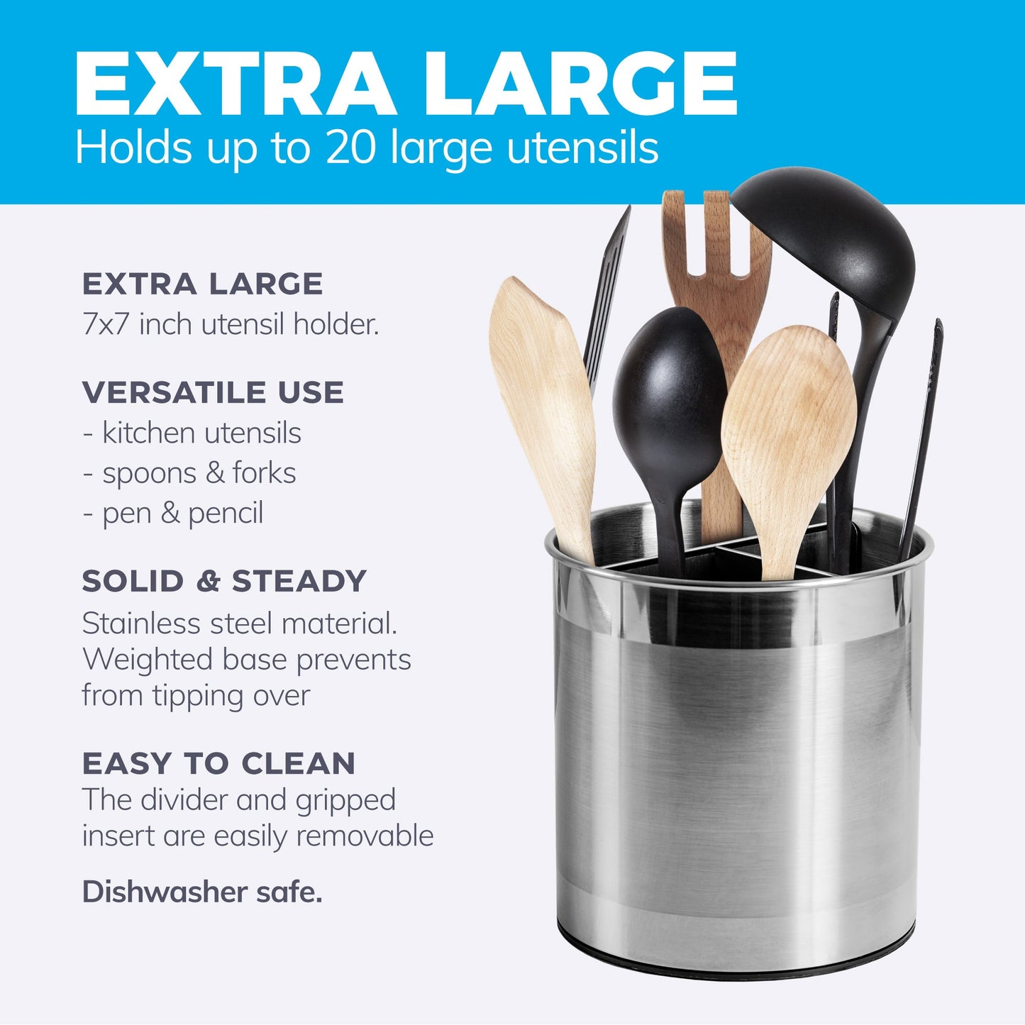 Extra Large Rotating Utensil Holder Caddy with Sturdy No-Tip Weighted Base, Removable Divider, and Gripped Insert: Metal | Rust Proof and Dishwasher Safe by Cooler Kitchen