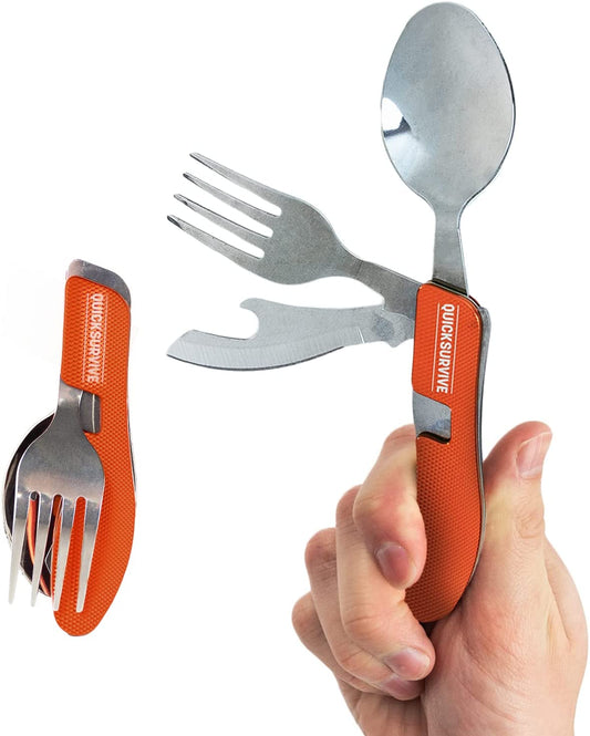 4-in-1 Pocket Camping Utensil Tool Stainless Steel Fork, Knife, Spoon, Bottle Opener by QUICKSURVIVE