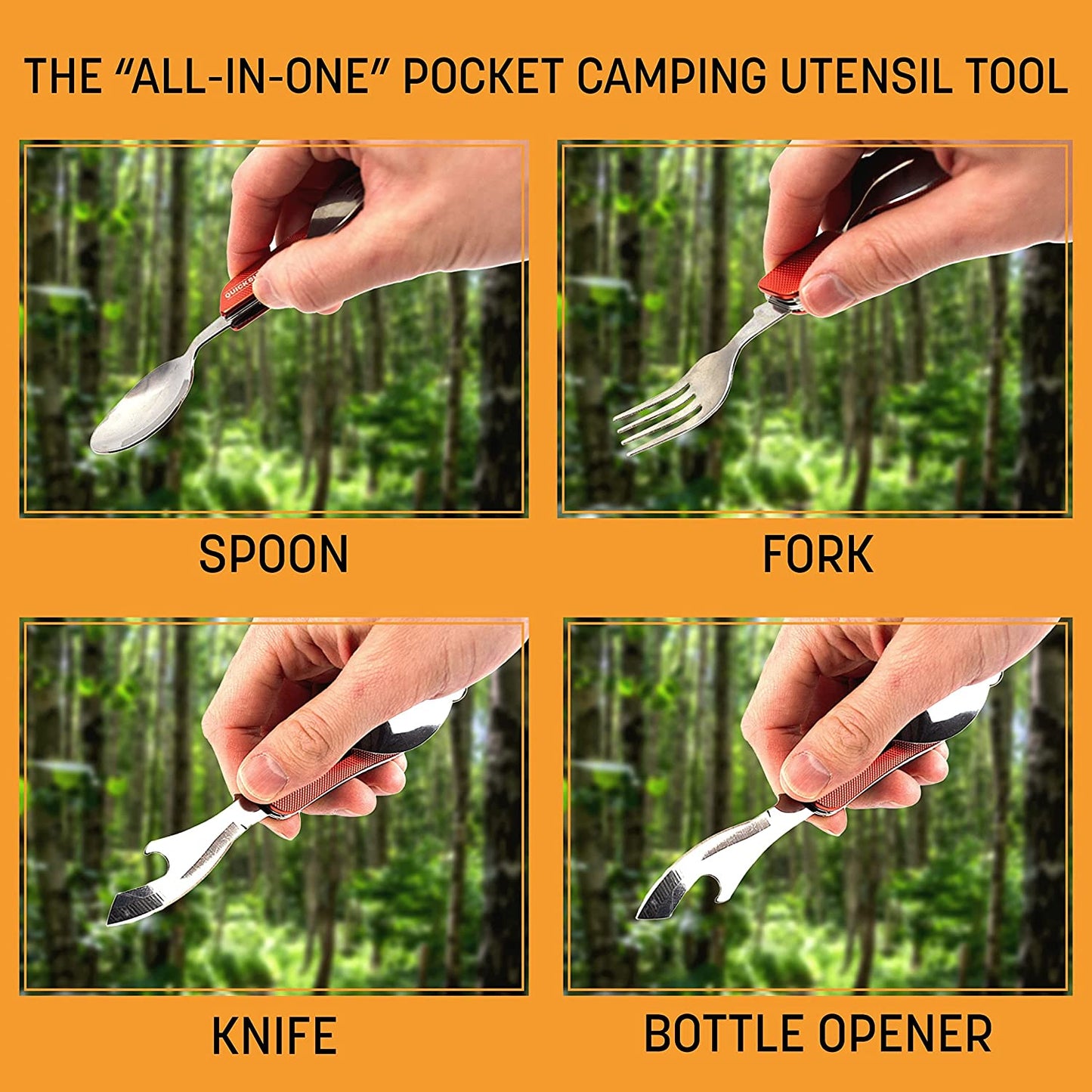 4-in-1 Pocket Camping Utensil Tool Stainless Steel Fork, Knife, Spoon, Bottle Opener by QUICKSURVIVE