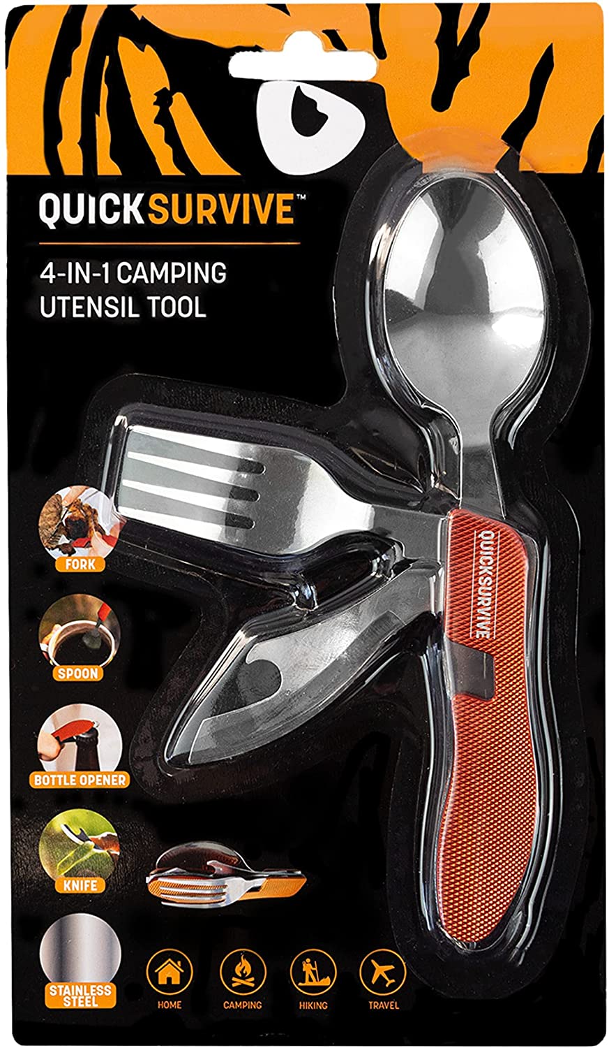 4-in-1 Pocket Camping Utensil Tool Stainless Steel Fork, Knife, Spoon, Bottle Opener by QUICKSURVIVE