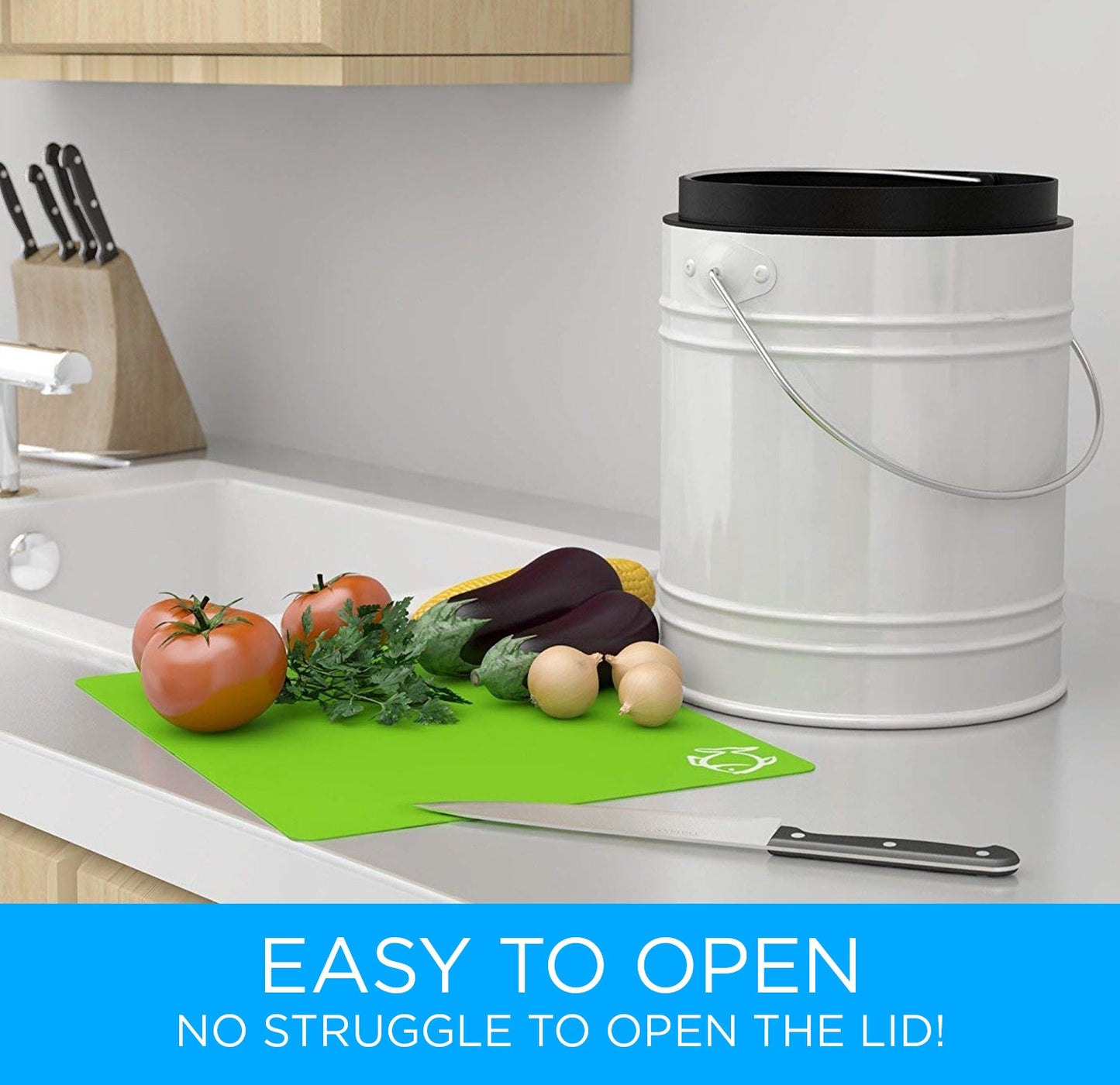 Cooler Kitchen 3 Liter Compost Bin with EZ-No Lock Lid, Plastic Liner & Charcoal Filters-Sturdy Construction & Odor-Free Seal w/Dishwasher Safe Bucket by Cooler Kitchen