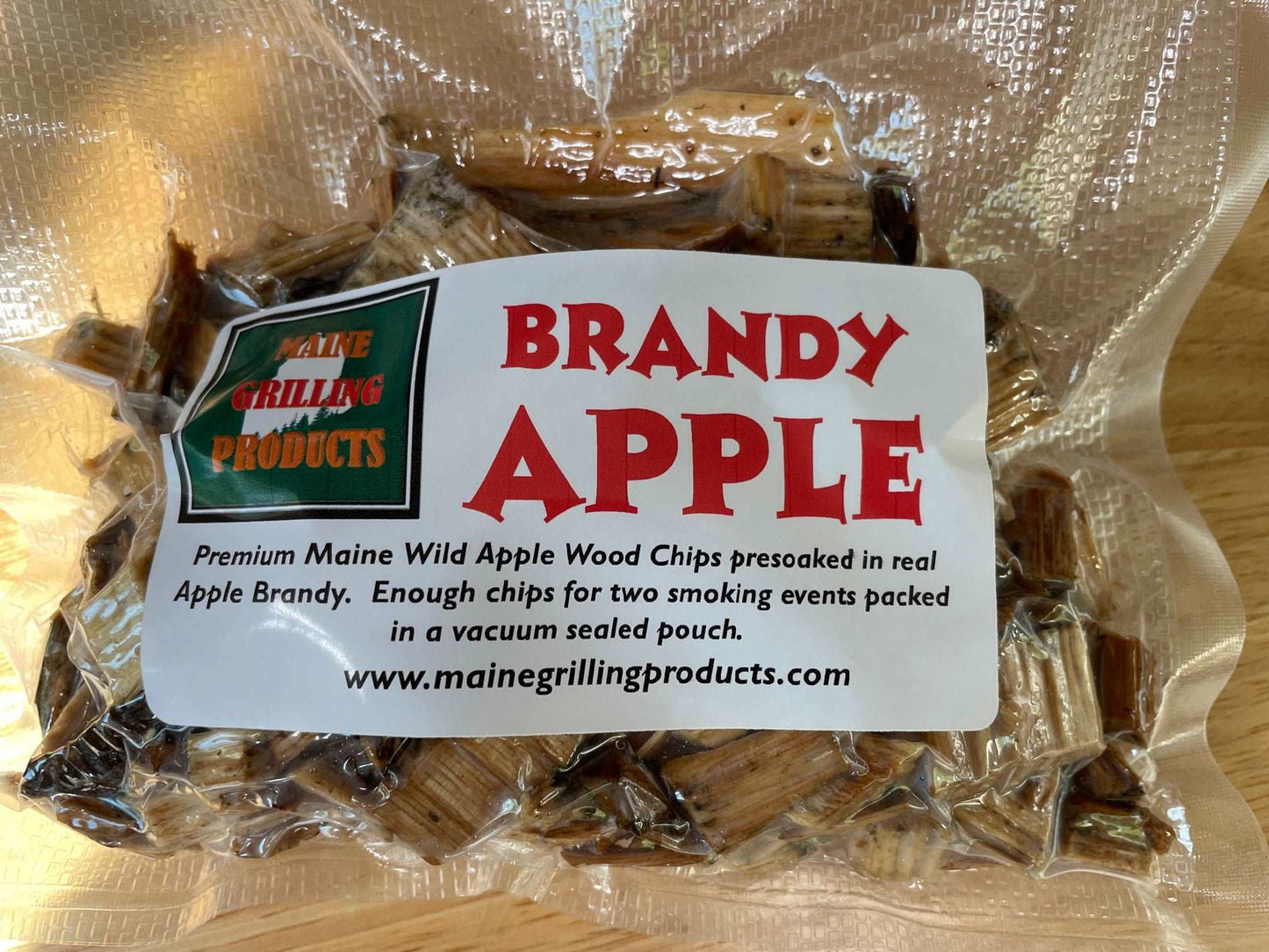 FOUR (6 OZ Pouches) PRE-SOAKED MAINE BRANDY APPLE WOOD CHIPS by Flame Grilling Products Inc