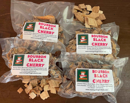 FOUR (6 OZ) POUCHES PRE-SOAKED MAINE BOURBON BLACK CHERRY WOOD CHIPS by Flame Grilling Products Inc