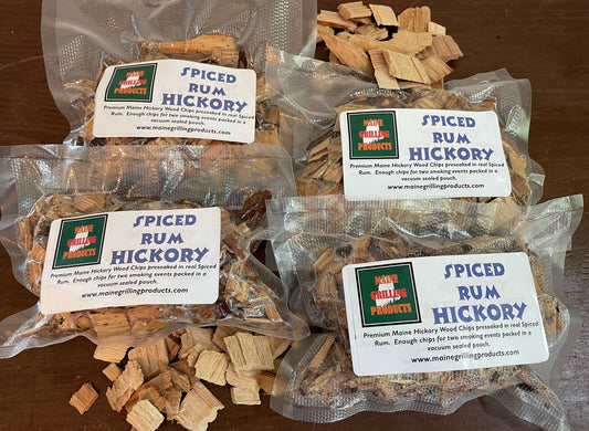 FOUR (6 OZ) PRE-SOAKED MAINE SPICED RUM HICKORY WOOD CHIPS POUCHES by Flame Grilling Products Inc