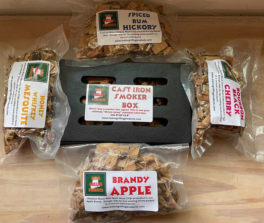 PRE-SOAKED PREMIUM MAINE WOOD CHIPS VARIETY PACK AND DELUXE SMOKER BOX COMBO. by Flame Grilling Products Inc